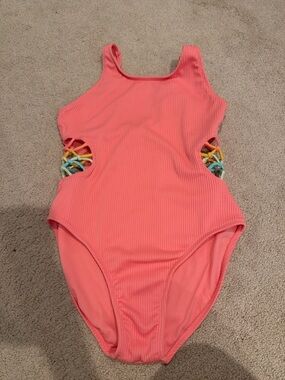 Art class girls Coral One-Piece Swim Suit with Multicolor Side Lattice Sz 14/16